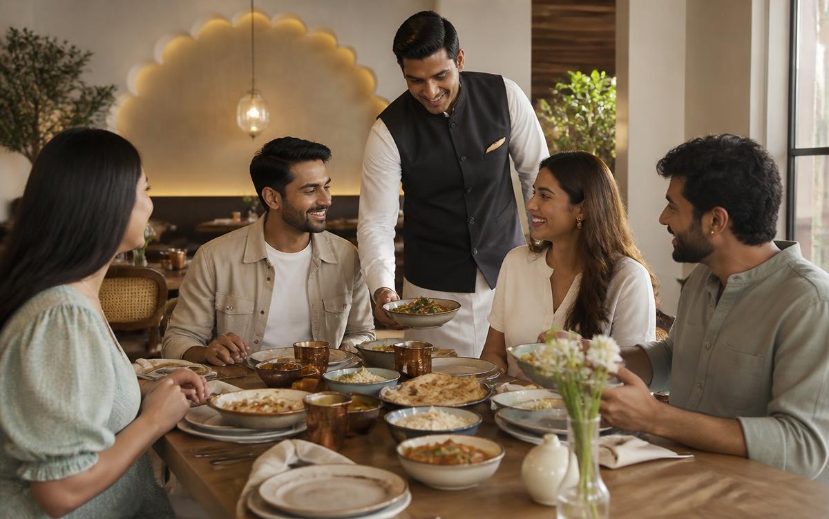 Guests sharing a meal at a modern Indian restaurant while a server presents a dish
