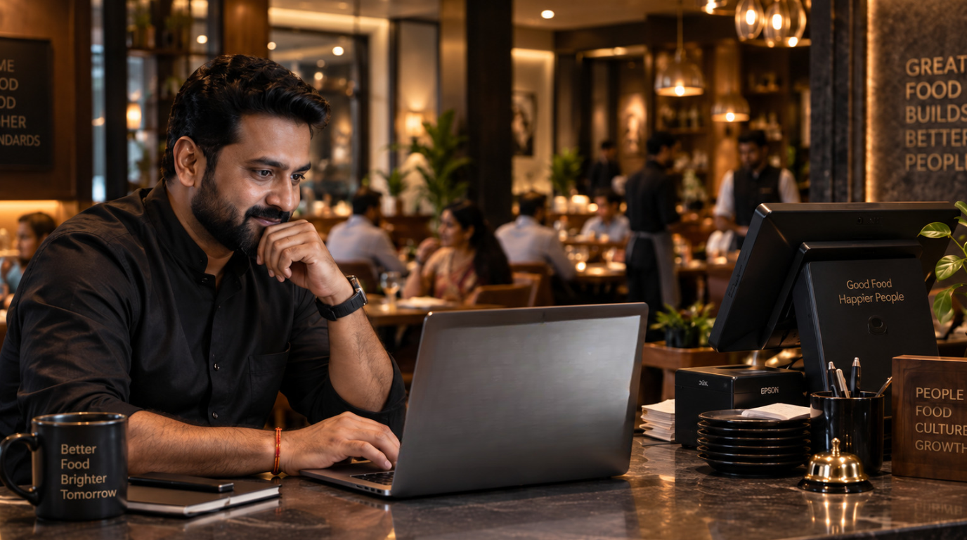 Restaurant owner analysing restaurant sales and order performance